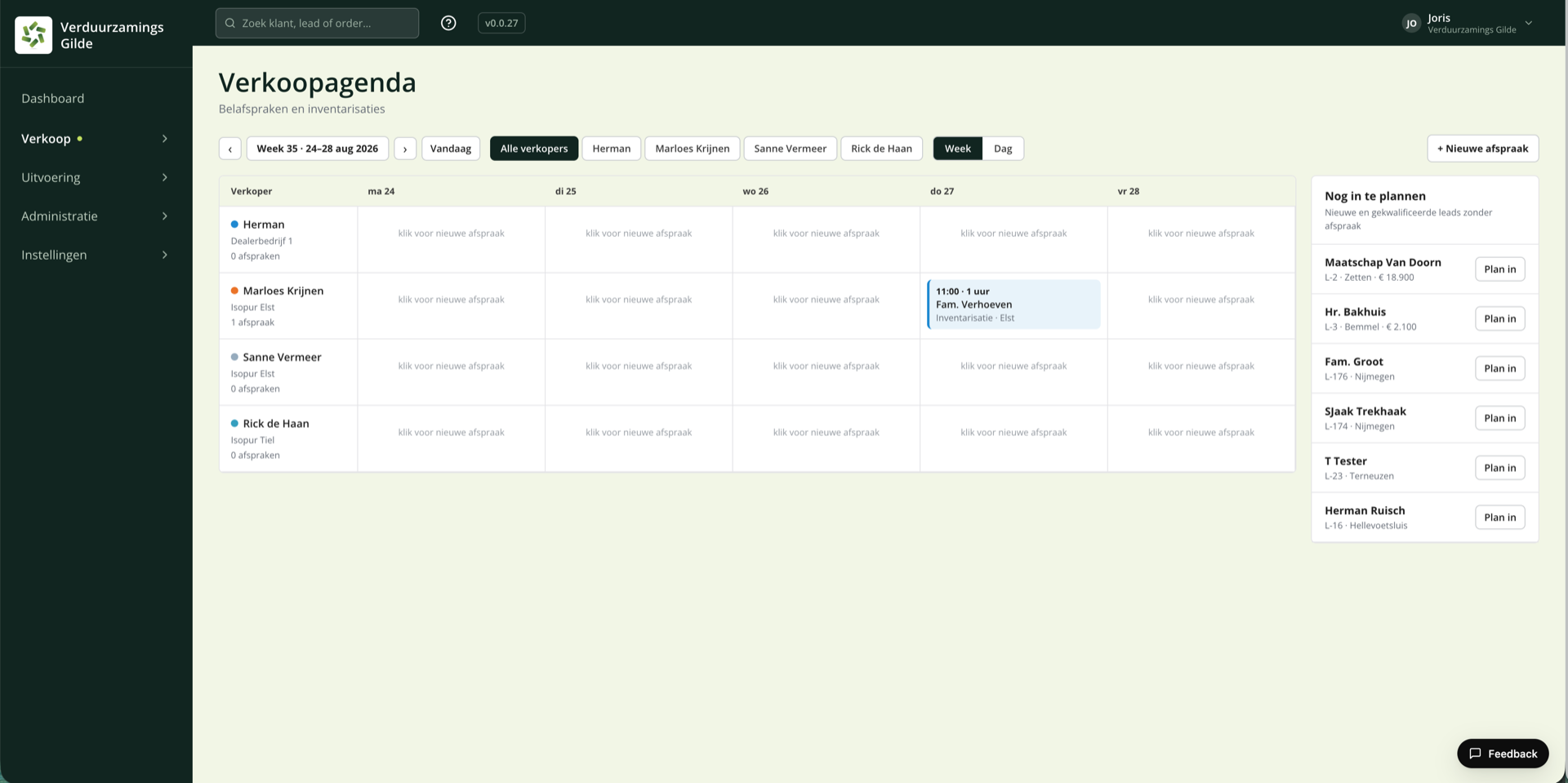 De verkoopagenda die Ask and Ship voor het Verduurzamings Gilde bouwt: weekplanning met belafspraken per verkoper, een lijst nog in te plannen leads, en rechtsonder de meldknop van Ask and Ship.